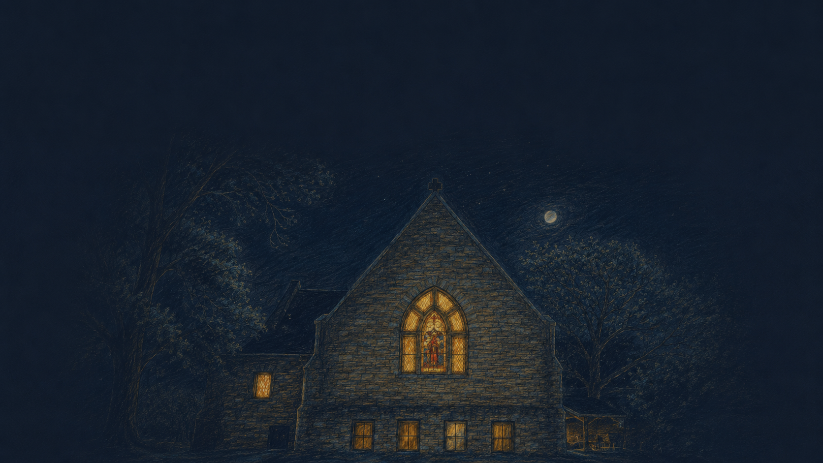 Illustrated church interior with warm candlelight